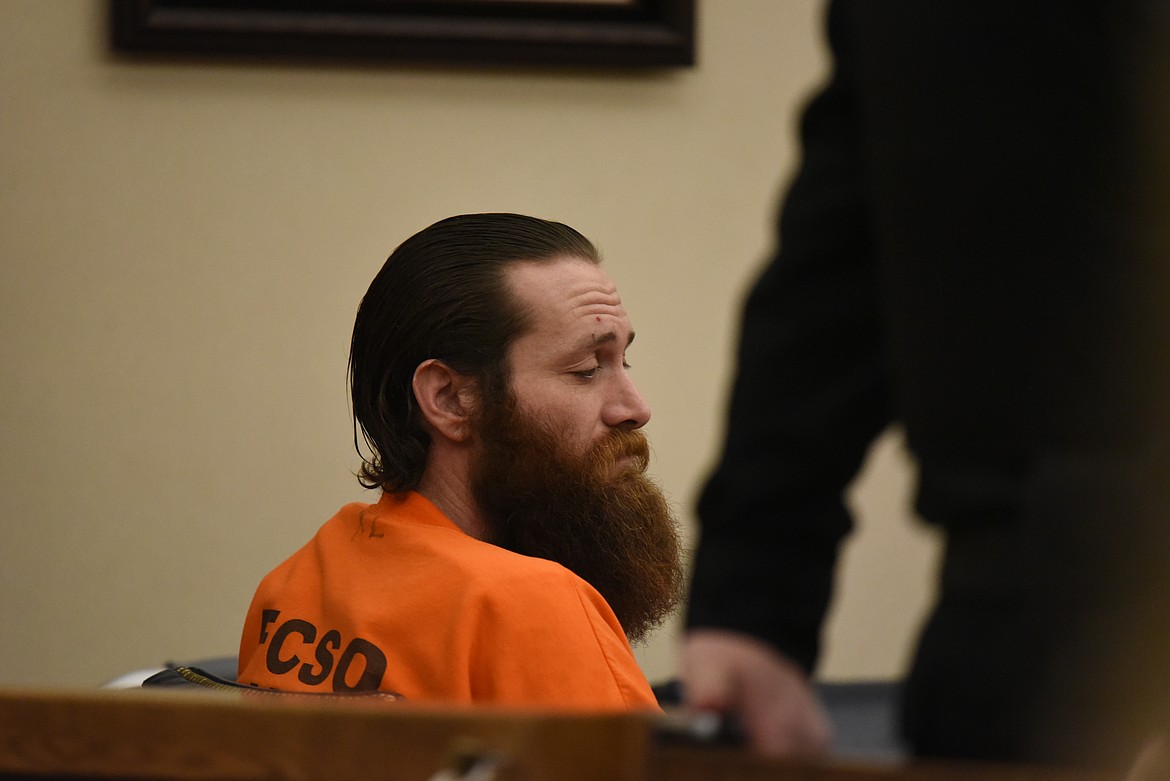 Steven Justin Hedrick appears in Flathead County District Court on Thursday, Feb. 9 for his arraignment on a deliberate homicide charge before Judge Amy Eddy. (Derrick Perkins/Daily Inter Lake)