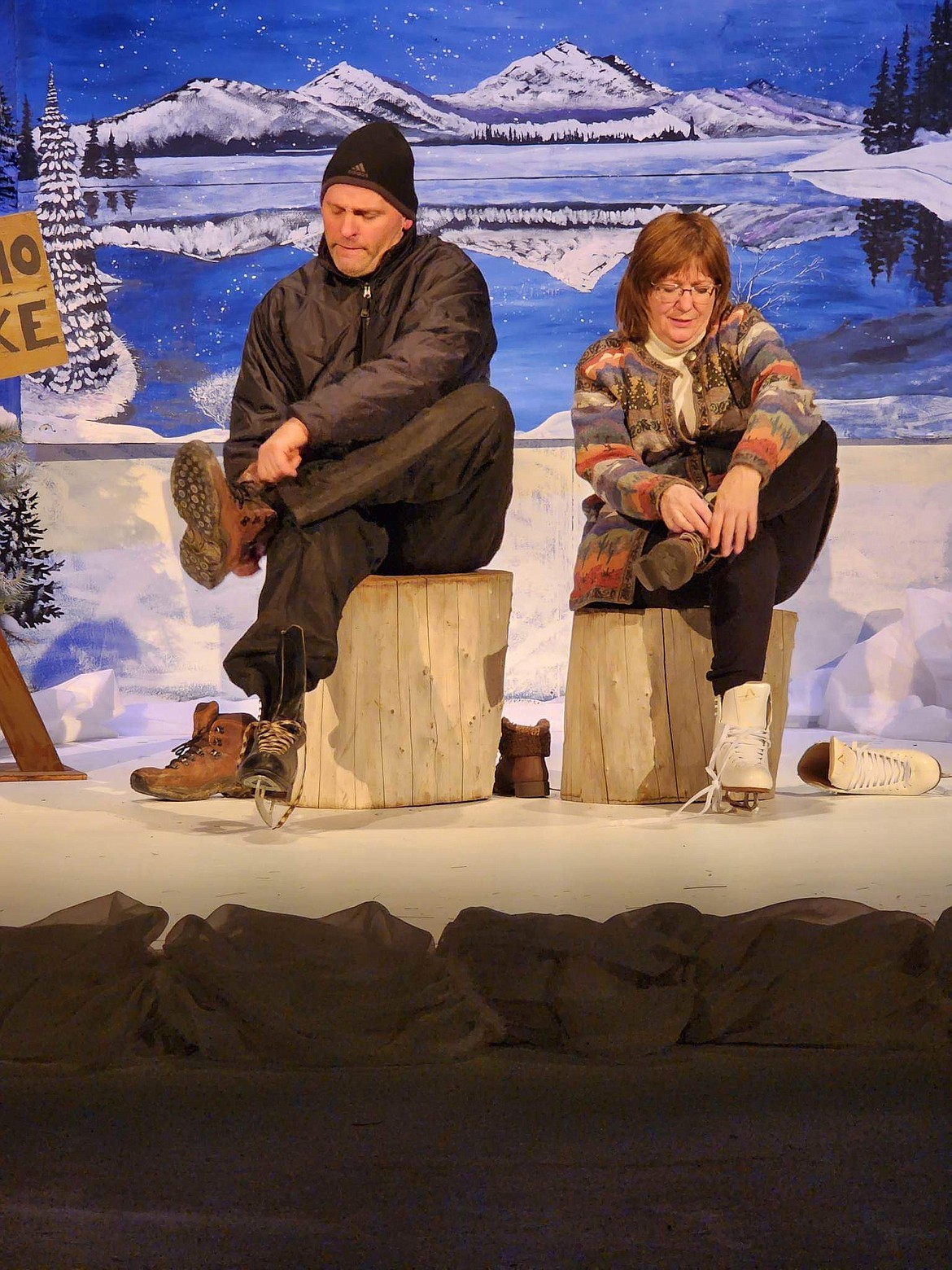 A couple (Jason Noble, left, and Rosalee Chamberlain) confront their crumbling relationship on an ice-skating trip in the Masquers Theater production of “Almost, Maine.”