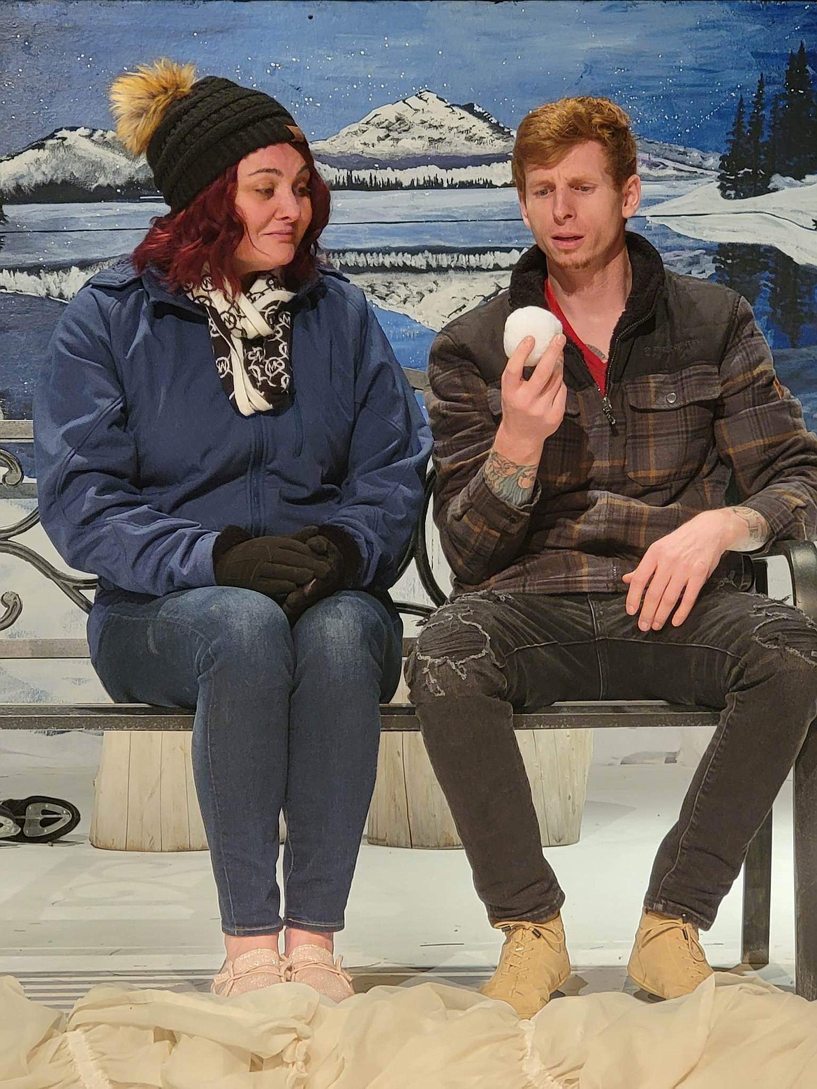 A couple in love (Amy Dana, left, and CW Forrest) discuss the metaphysics of closeness in “Almost, Maine” opening tonight at the Masquers Theater.