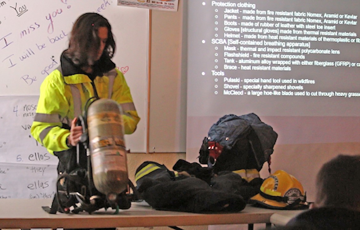 Clark Fork High School student Anthony Cohick demonstrates the equipment used for fighting fires during his recent senior project presentation.