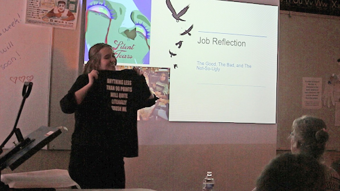 Clark Fork High School student Breezy Fournier uses her demonstration to ask for a good grade from the judges during the school's recent senior project presentations.