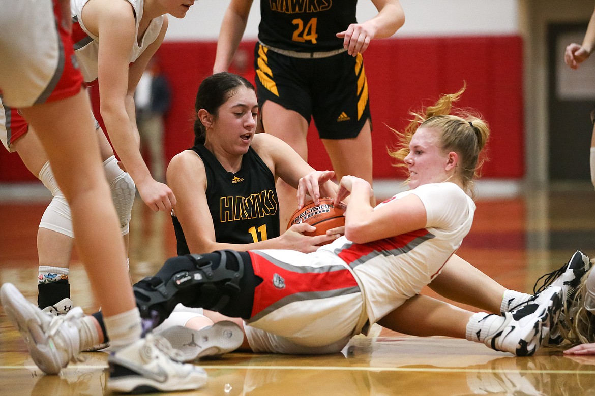 JASON DUCHOW PHOTOGRAPHY
Ziya Munyer (11) of Lakeland battles a Sandpoint player for the ball Friday night in Sandpoint.