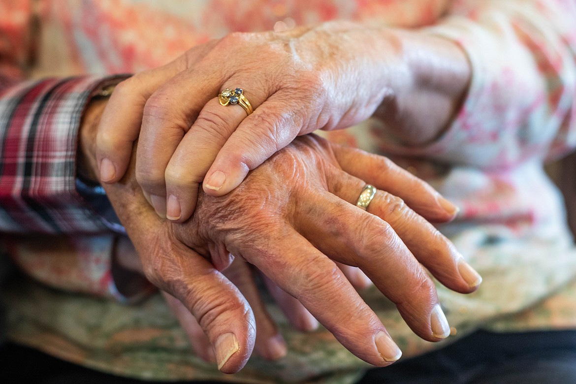 Jim and Kathleen Ott show their wedding bands on Feb 8. 2023. Kathleen still has the original stones that were in her 1963 ring. (Kate Heston/Daily Inter Lake)