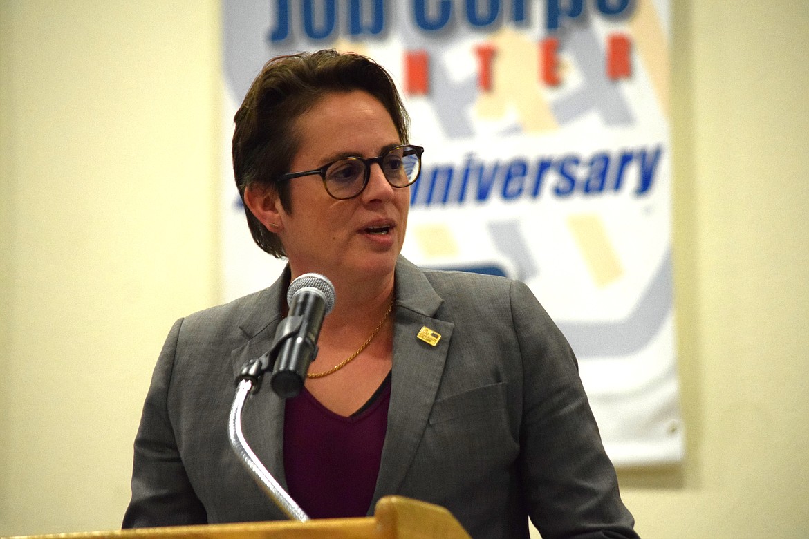 Big Bend Community College President Sara Thompson Tweedy speaking to graduates at Columbia Basin Job Corps in December.