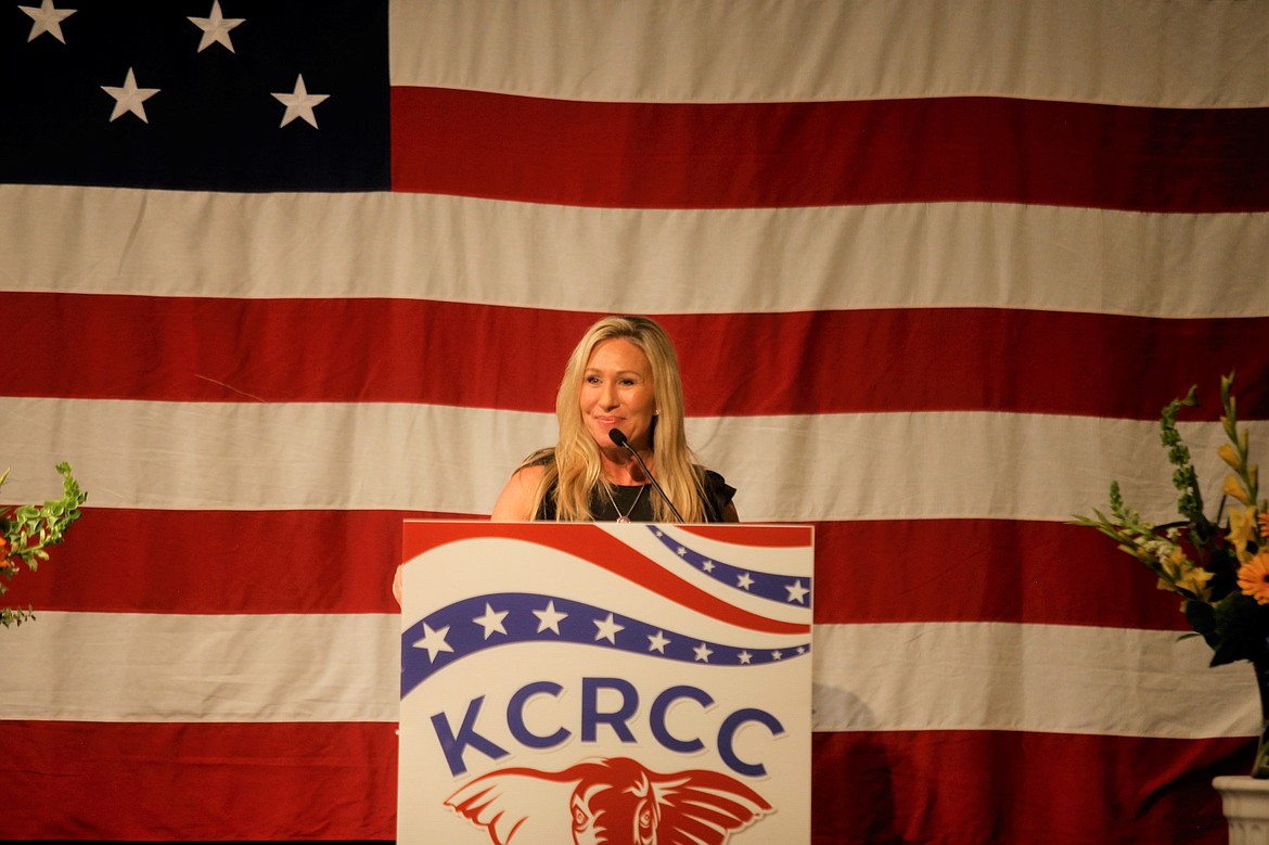 U.S. Rep. Marjorie Taylor Greene gives the keynote speech at the Kootenai County Republican Central Committee's annual Lincoln Day Dinner at The Coeur d'Alene Resort on Saturday.