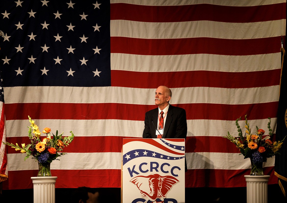 Brent Regan pauses during the Kootenai County Republican Central Committee's annual Lincoln Day Dinner Feb. 11, 2023 at The Coeur d'Alene Resort.