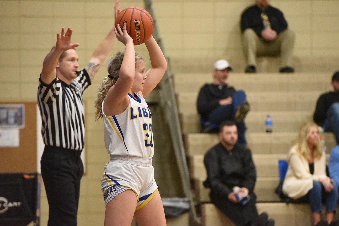 Libby's Kinzee Boehmler prepares to inbound the ball against Whitefish Friday night. (Scott Shindledecker/The Western News)