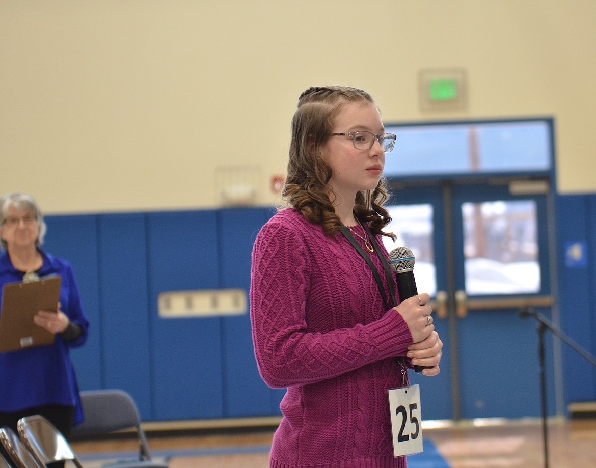 Mission sixth grader Johanna Robine pauses before spelling "phonics" in the final round of the Lake County Spelling Bee. (Kristi Niemeyer/Leader)