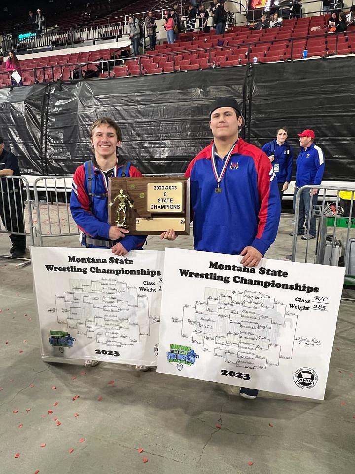 Superior 126-pounder Decker Milender (left) along with teammate Chandon Vulles, 285 pounds (right), display their winnings following first-place finishes at the state wrestling tournament Billings on Saturday. Superior amassed 73 points in the B/C competition to emerge as the top team from Class C. (Kami Milender photo)