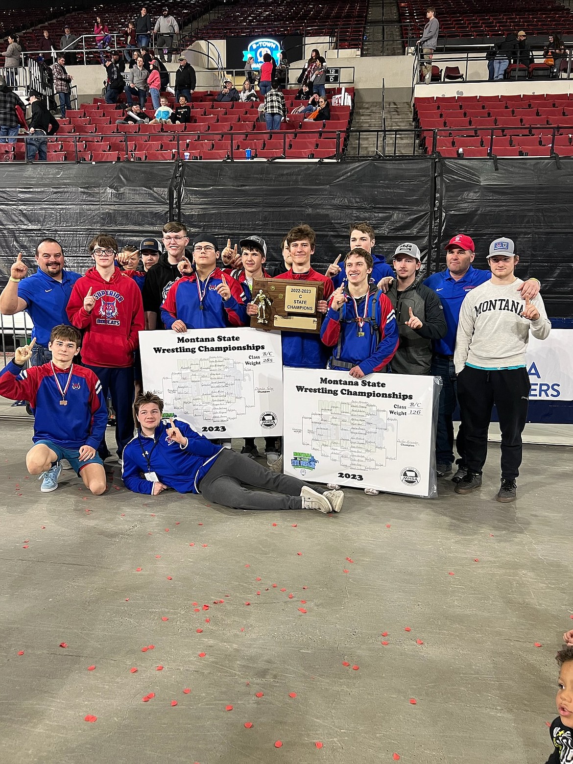 Members of the Superior wrestling team pose for a team picture following their first-place team finish at the state wrestling tournament in Billings. (Kami Milender photo)