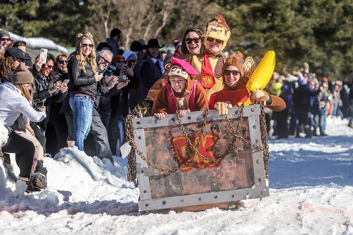 Donkey Kong themed Bar Stool float competes at Cabin Fever Days in Martin City on Saturday. (JP Edge photo)