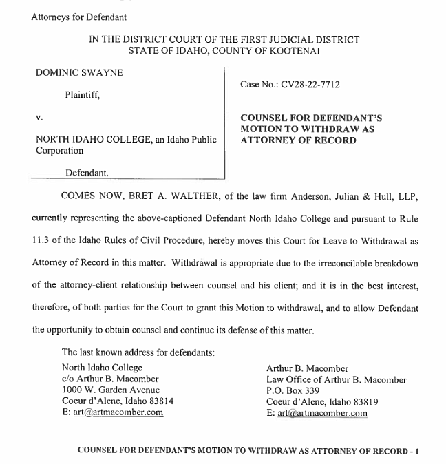 A screenshot from court records filed this week in 1st District Court in NIC President Nick Swayne's lawsuit against North Idaho College.