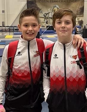 Courtesy photo
Avant Coeur Gymnastics Level 5s in McMinnville, Ore., at the Top Gun Challenge: Blaide Cotten, left; and Carson Kenny.