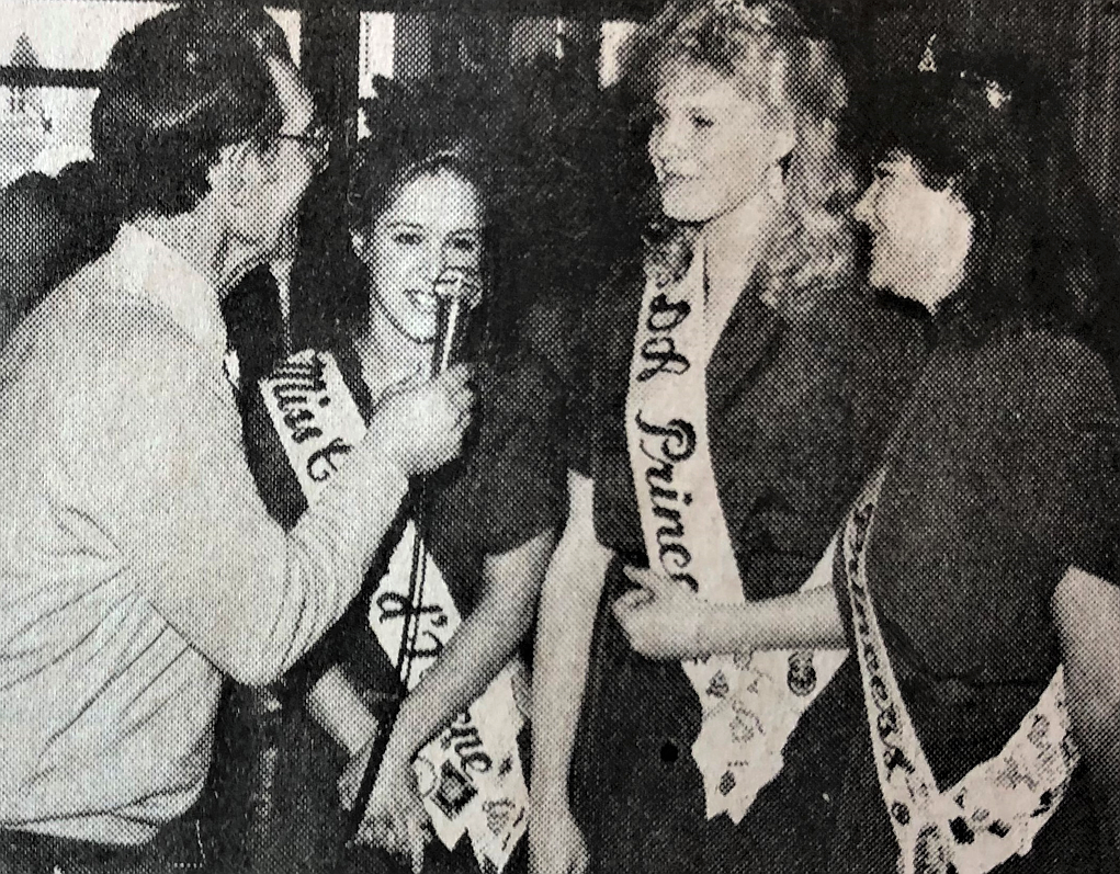 Bob Hough interviewing Miss Coeur d’Alene and her court at the opening of the Coeur d’Alene Resort in spring 1986.