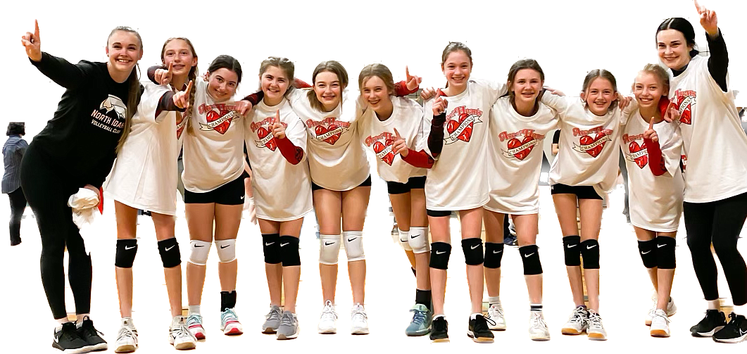 The North Idaho Volleyball Club U12 team posing at the Ace of Hearts Tournament. The team went undefeated and won the championship.