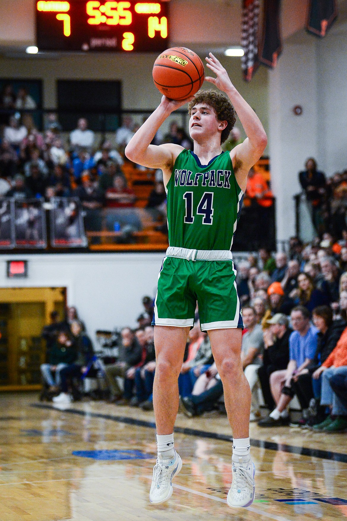 Glacier's Kaidrian Buls (14) knocks down a three in the first half against Flathead at Flathead High School on Thursday, Feb. 16. (Casey Kreider/Daily Inter Lake)