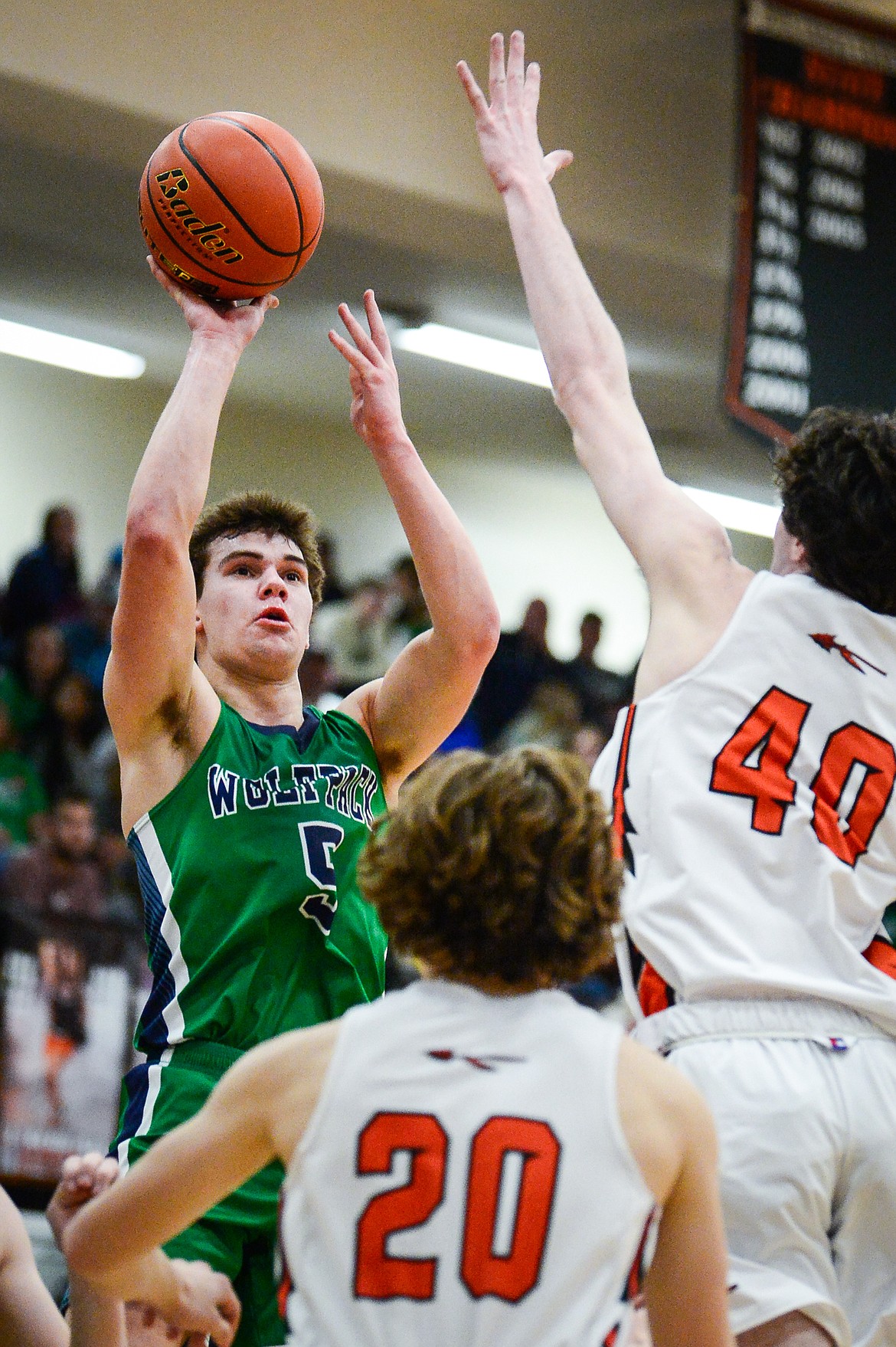 Glacier's Ty Olsen (5) shoots in the first half against Flathead at Flathead High School on Thursday, Feb. 16. (Casey Kreider/Daily Inter Lake)