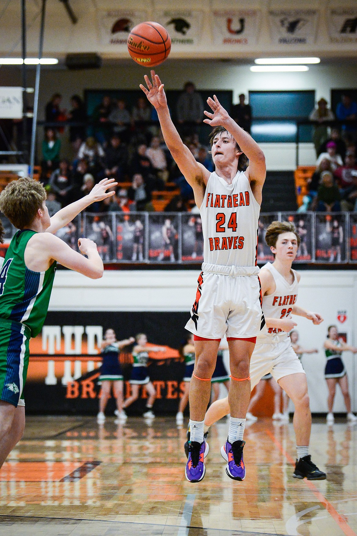 Flathead's Lyric Ersland (24) shoots a three in the second half against Glacier at Flathead High School on Thursday, Feb. 16. (Casey Kreider/Daily Inter Lake)