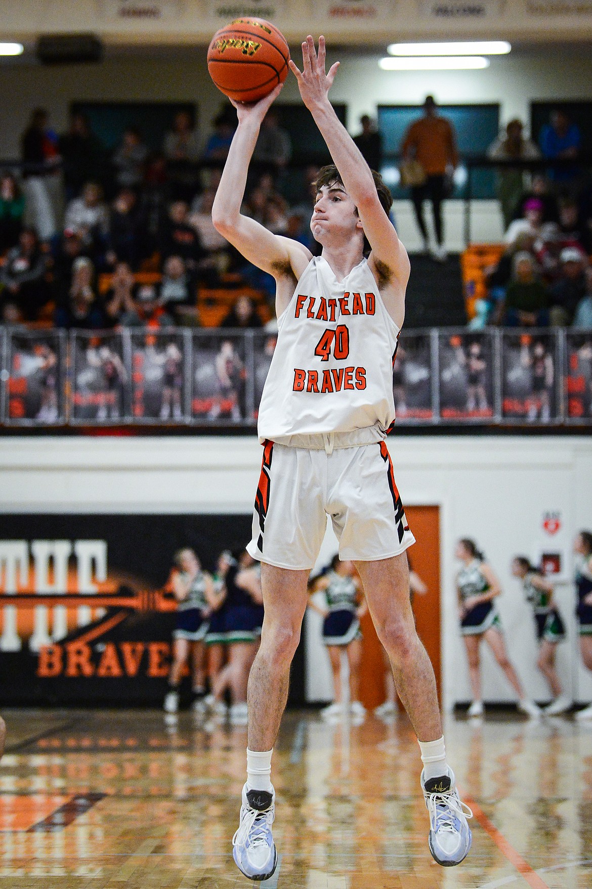 Flathead's Noah Cummings (40) shoots a three in the second half against Glacier at Flathead High School on Thursday, Feb. 16. (Casey Kreider/Daily Inter Lake)