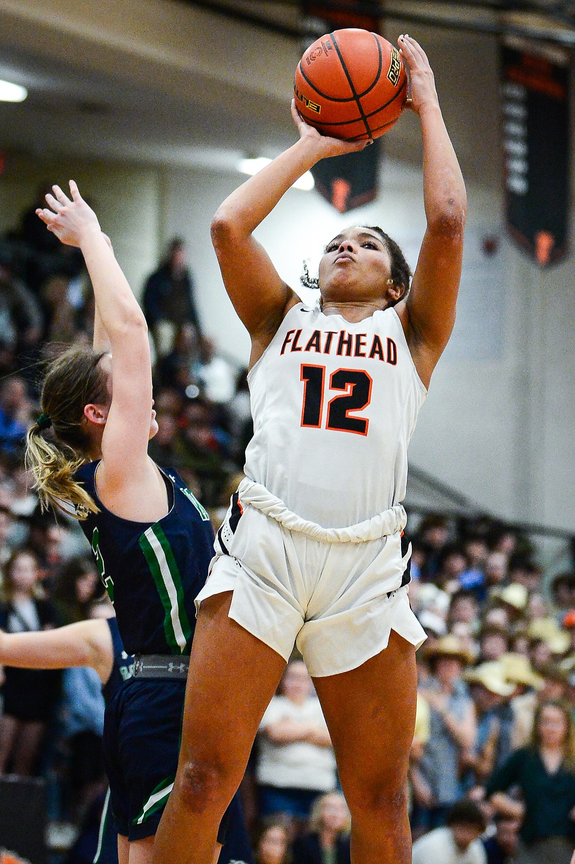 Flathead's Akilah Kubi (12) shoots in the second half against Glacier at Flathead High School on Thursday, Feb. 16. (Casey Kreider/Daily Inter Lake)