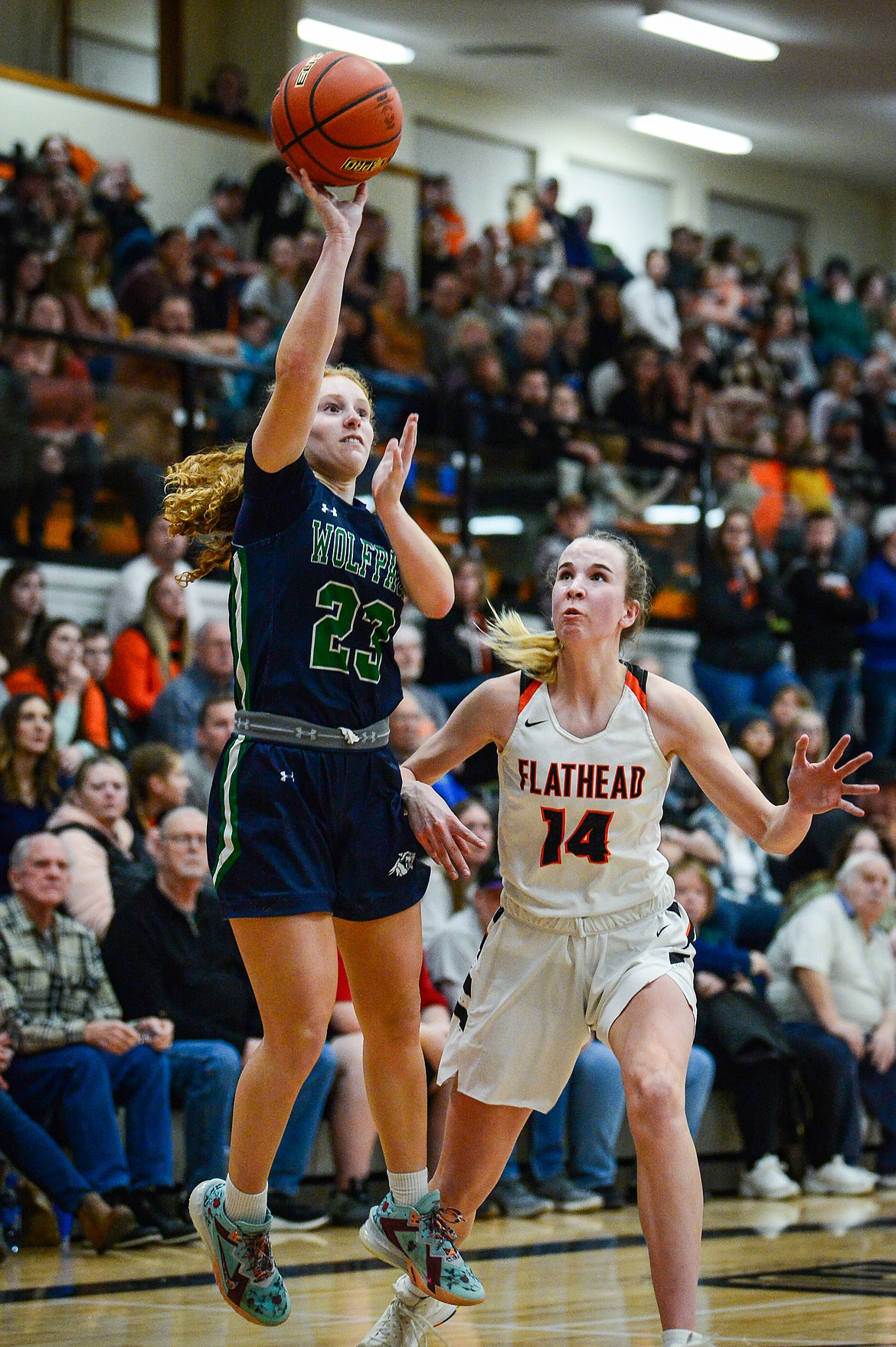 Glacier's Reese Ramey (23) shoots in the second half against Flathead at Flathead High School on Thursday, Feb. 16. (Casey Kreider/Daily Inter Lake)