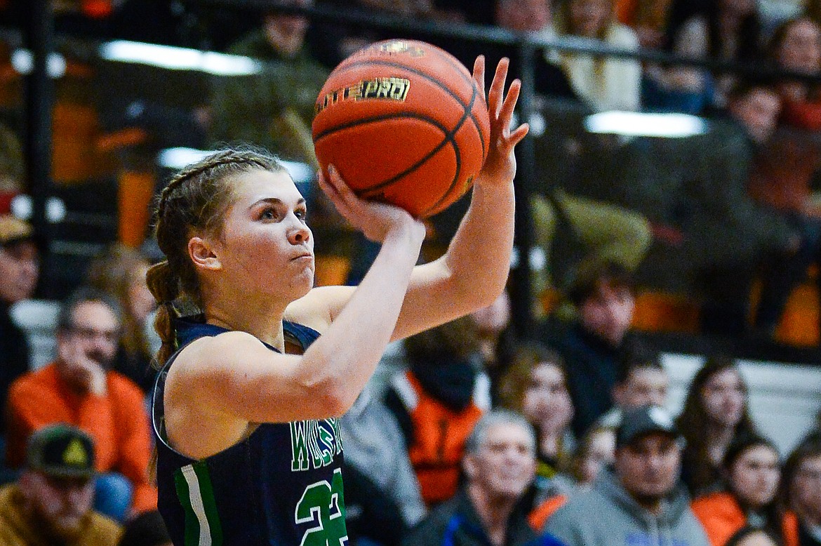 Glacier's Noah Fincher (22) shoots in the second half against Flathead at Flathead High School on Thursday, Feb. 16. (Casey Kreider/Daily Inter Lake)