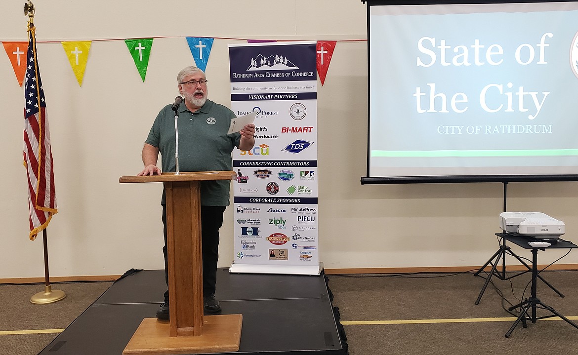 Rathdrum Mayor Vic Holmes addresses a crowd of Chamber of Commerce members at a State of the Community Luncheon at Shepherd of the Hills Lutheran Church Thursday.