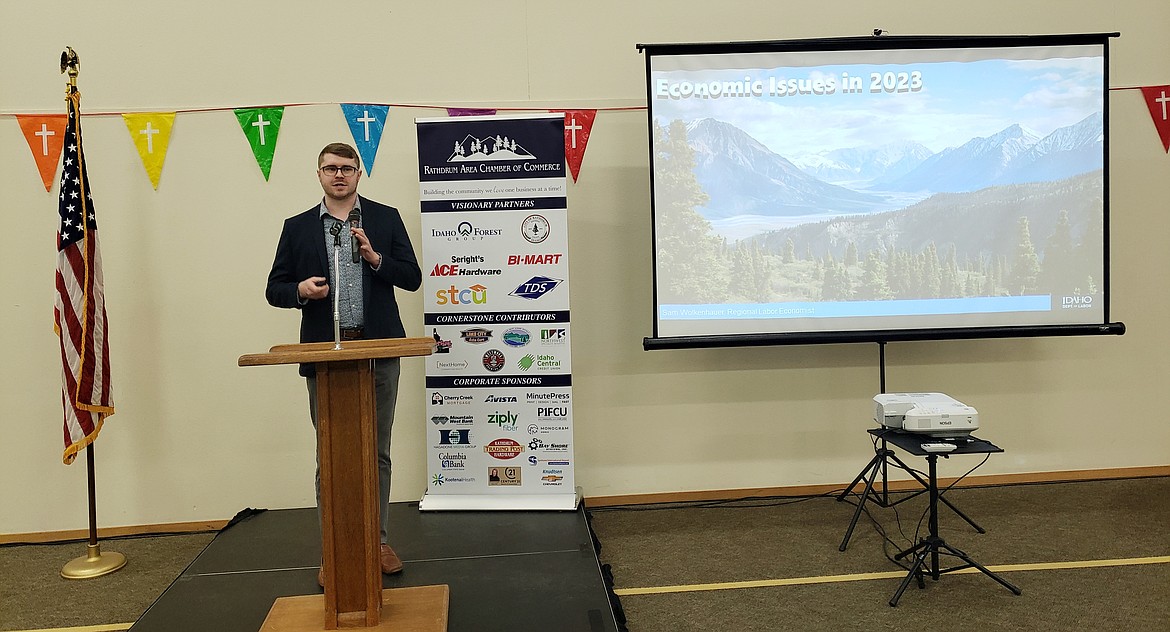 Sam Wolkenhauer presents a nuanced picture of the economy at a State of the Community Luncheon hosted by the Rathdrum Chamber of Commerce at Shepherd of the Hills Lutheran Church.