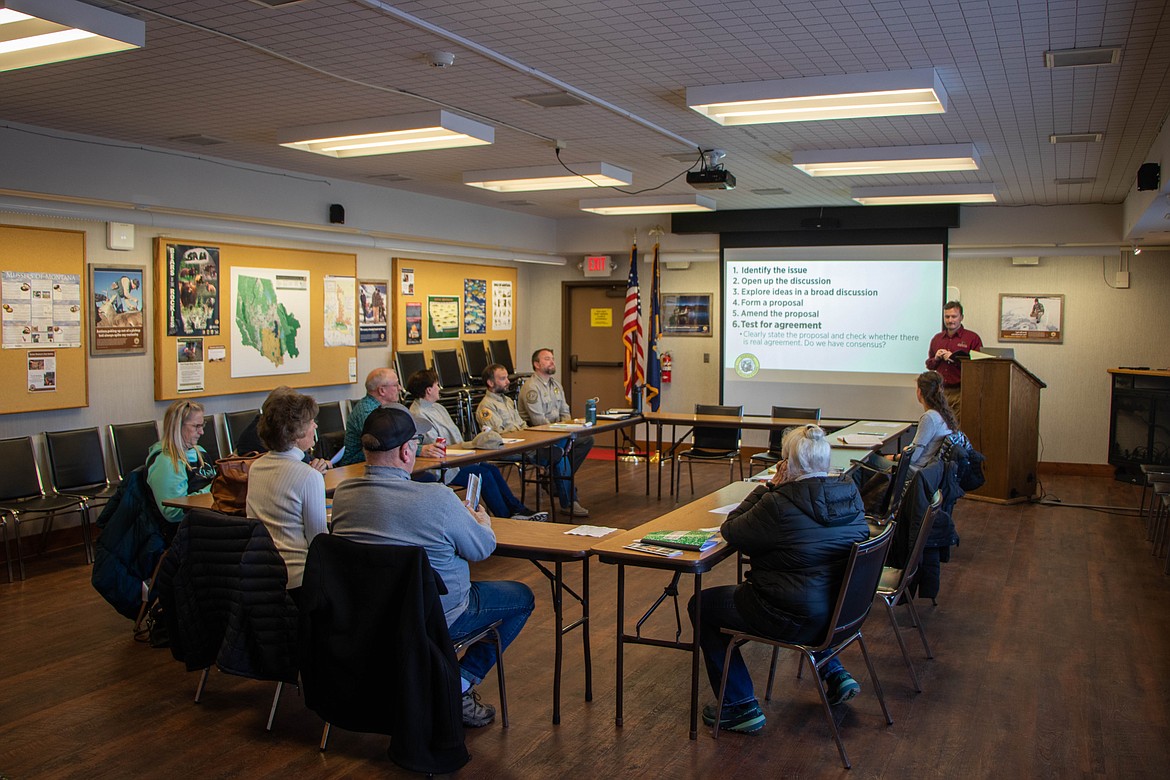 A group of people is seen at a Half Moon Slough citizen work group on Feb. 15, 2023 in Kalispell. The group was discussing boating regulations in the slough. (Kate Heston/Daily Inter Lake)