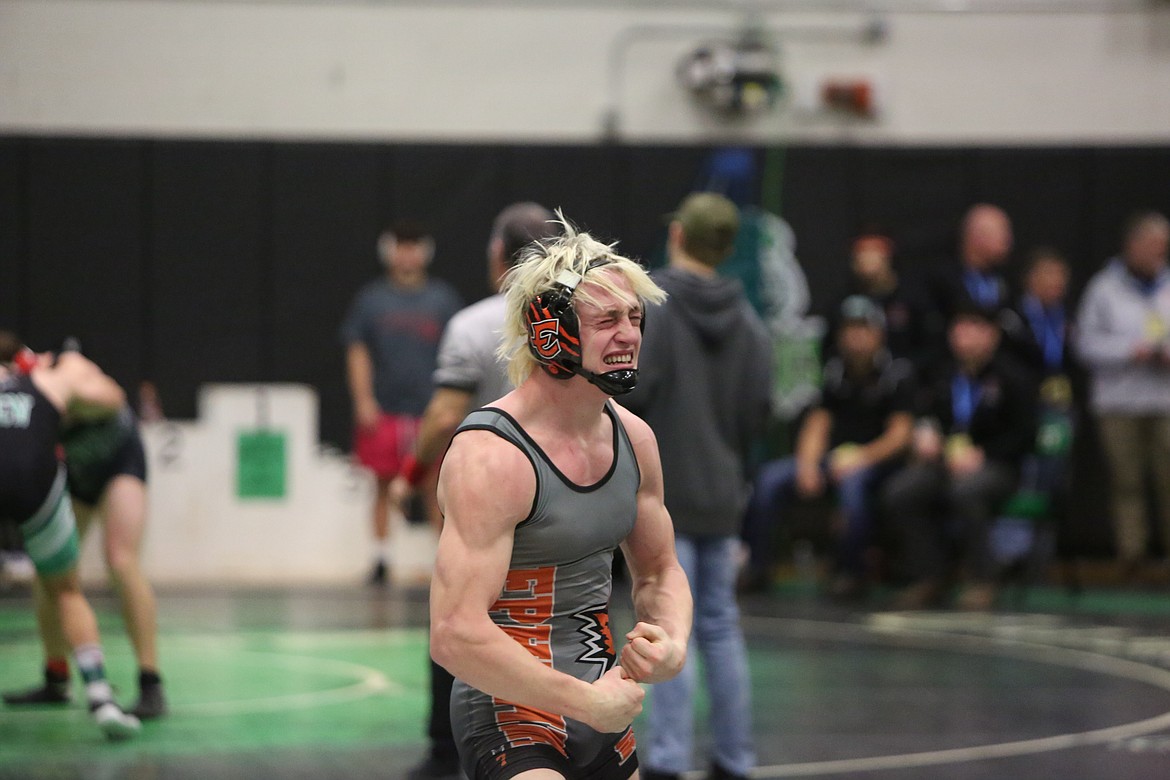 Ephrata senior Hudson Sager celebrates after winning his semifinals match at the 2A Region 4 tournament in Spokane.