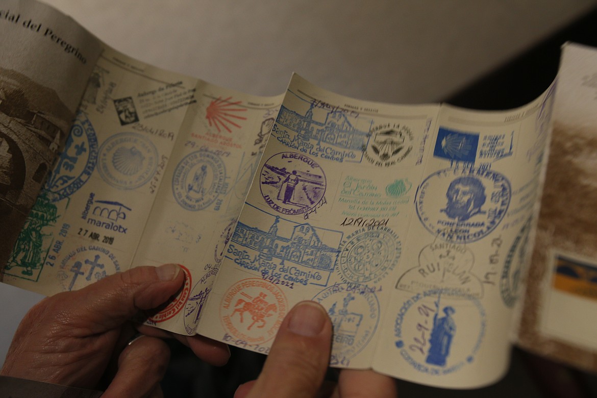 Stephen Towles' passport, showing all the stops and stamps along the Camino de Santiago from St. Jean Pied de Port, France, to Santiago de Compostela, Spain.