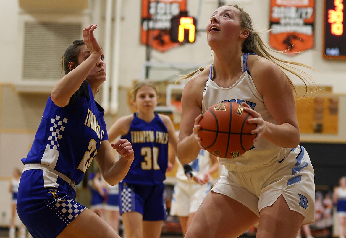 Bigfork’s Scout Nadeau looks to shoot against Thompson Falls in the District 7-B girls championship game in Eureka on Saturday. (Jeremy Weber/Daily Inter Lake)