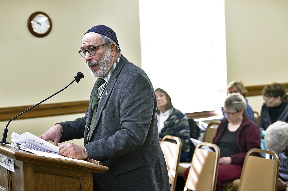 Democratic state Rep. Ed Stafman, an ordained Jewish rabbi, presents MT HB471 bill, to establish religious exemption to prohibitions on abortion, to the House Judiciary Committee of the Montana Legislature in Helena, Mont., Friday, Feb. 17, 2023. Rep. Stafman's bill would protect abortion rights for women seeking the procedure in accordance with their sincerely held religious beliefs, even if it were illegal in Montana. Montana is one of 47 states with a law that allows healthcare workers to opt out of providing abortions if it violates their religious beliefs or morals. Rep. Stafman argued that religious protections should be provided to both sides. The committee did not vote on the bill. (Thom Bridge/Independent Record via AP)