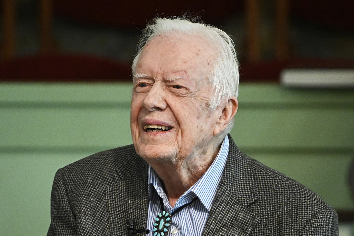 FILE - In this Nov. 3, 2019 file photo, former President Jimmy Carter teaches Sunday school at Maranatha Baptist Church in Plains, Ga. (AP Photo/John Amis, File)