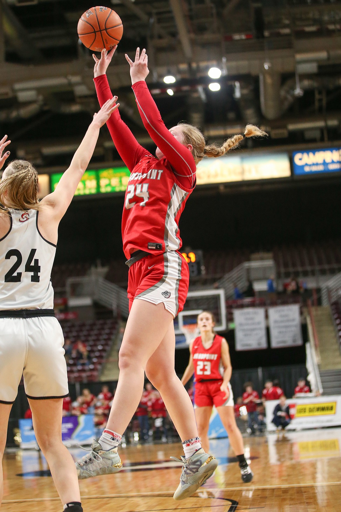 Karlie Banks of Sandpoint puts up a shot against Shelley in the championship game of the state 4A girls basketball tournament Saturday at the Ford Idaho Center in Nampa.
