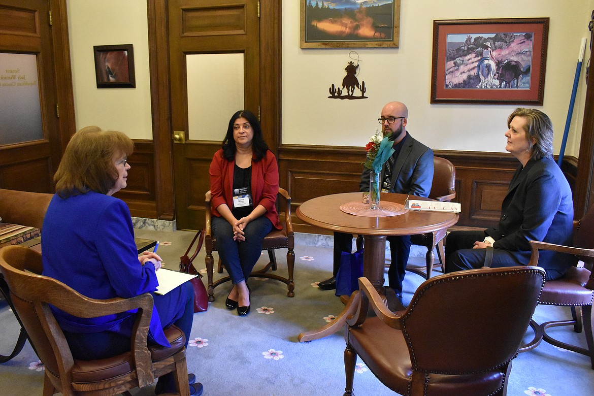 Sen. Judy Warnick, R-Moses Lake, meeting with three representatives from the City of Moses Lake at her office in Olympia on Feb. 15. From left to right, Warnick, Deputy Mayor Deanna Martinez, Mayor Don Myers and City Manager Allison Williams.