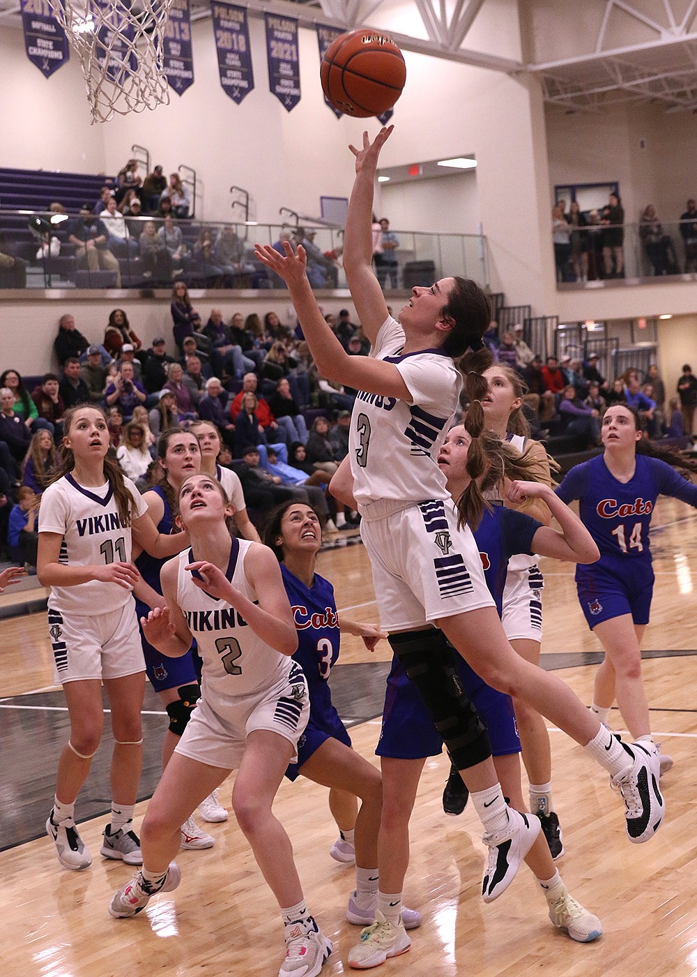 Lady Viking Hayleigh Smith goes up for the basket in the District 14C championship game against Superior Saturday at Linderman Gym. (Bob Gunderson photo)