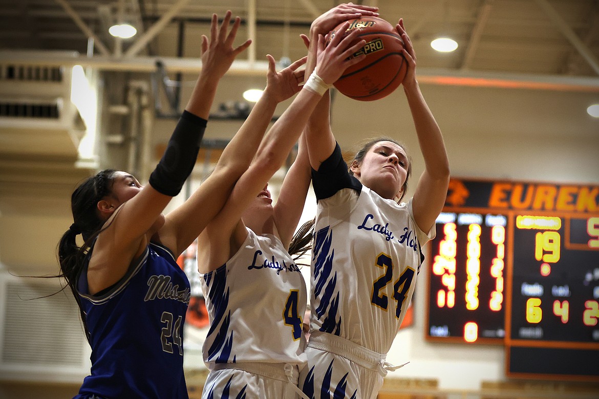 The Thompson Falls Lady Hawks take on Mission in the 7B District tournament in Eureka. (Jeremy Weber/Bigfork Eagle)