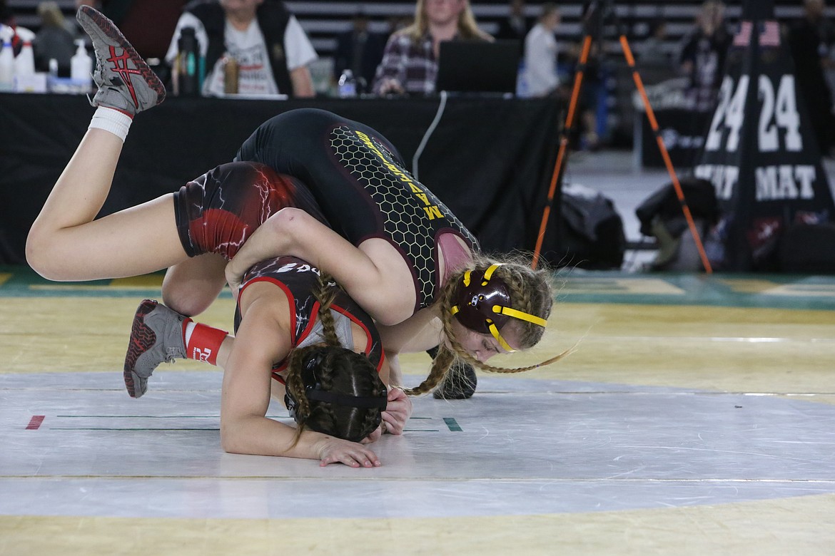 Moses Lake freshman Reese Prescott, top, was one of three Maverick wrestlers to advance to the Girls 3A/4A finals at the Mat Classic in Tacoma. Prescott took second in the 120-pound bracket.