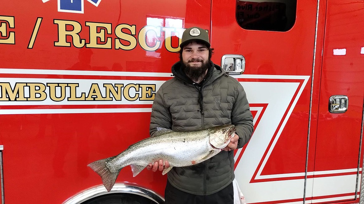 Tim Carvey's 10 pound, 10.6 ounce rainbow trout earned first place at last weekend's Fisher River Valley Fire/Rescue Ice Fishing Derby. The trout measured 28 7/8 inches. (Photo courtesy Fisher River Valley Fire/Rescue)