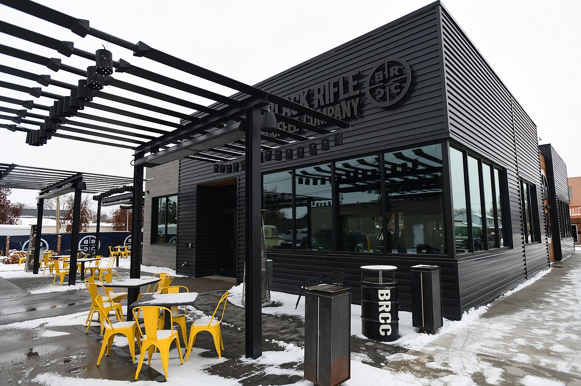 Outdoor seating area at Black Rifle Coffee Company in Kalispell on Tuesday, Feb. 21. (Casey Kreider/Daily Inter Lake)