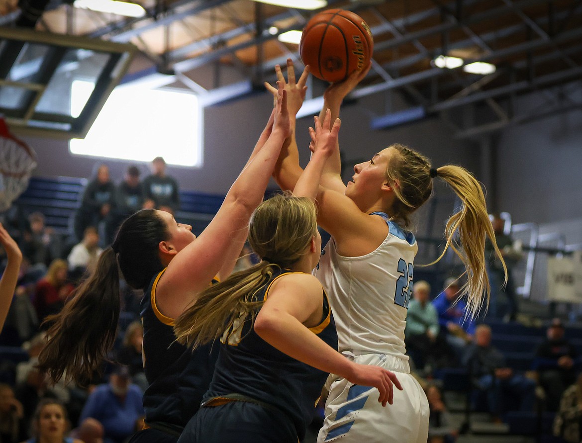 Bigfork’s Scout Nadeau puts up a jump hook in the Valkyries’ 69-13 win over Deer Lodge in the Western B Divisional Tournament in Anaconda on Thursday, Feb 23. (Jeremy Weber/Daily Inter Lake)