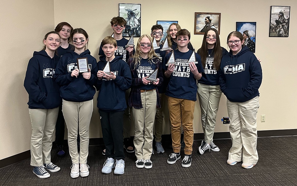 The Coeur d’Alene Charter Academy MathCounts team swept first, second and third place individual honors and earned eight of the top 10 places at the North Idaho competition Feb. 9 at North Idaho College. It also took home the first place team trophy, beating competitors from Lakes Middle School, St. Dominic School, North Idaho STEM Charter, Lakeland Elementary and Washington Middle School. The Cd’A Charter team is coached by Megan Nitti. Pictured from left (with place earned) are Madelyn Wright (sixth), Seven Anderson, Gwen Bode, Isaac Miles, Alistair Smith (third), Gracie Harrison (seventh), Alex Pulsipher (first), Nina Emry (10th), Sam Hines (second), Sofia Keese (ninth), and Maddie Dinning.