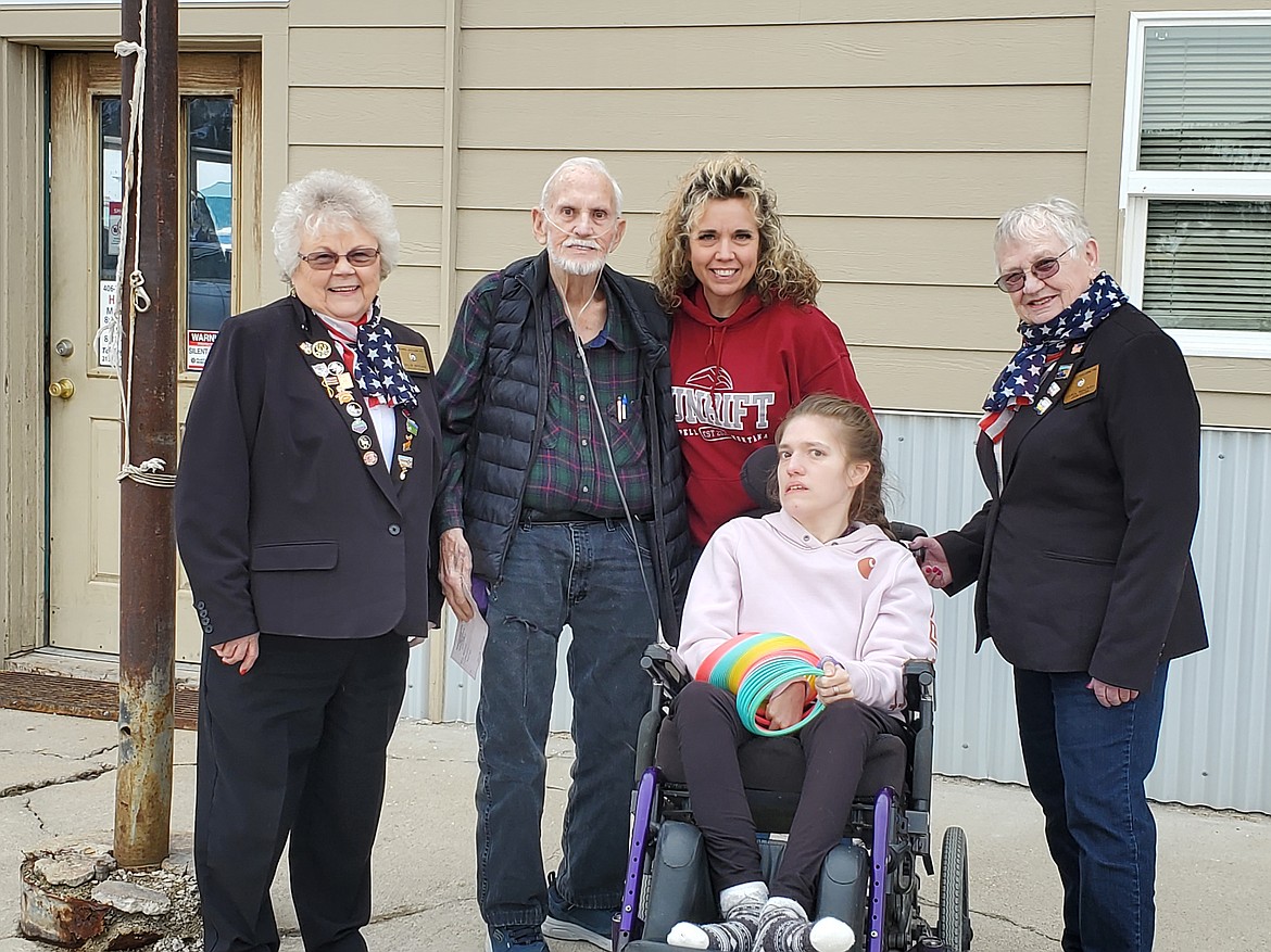 Kalispell Elks donated $2,000 to Mikayla’s Miracles and Blessings Foundation which is a local organization that was created to help families who have children with special needs with items that are not covered by Medicaid.  These items include wheelchairs, beds, bikes, vehicles and many more items.  This donation was possible because of a Spotlight Grant Application awarded by Elks National Foundation. From left are, Millie Mitchke, Kalispell Elks Exalted Ruler; Bob Stephens, Grand lodge community person; Sabrina Wisher-DeWitt, founder of Mikalya’s foundation; Mikayla Wisher; and Carol Beaudion, Elks Lodge Secretary.