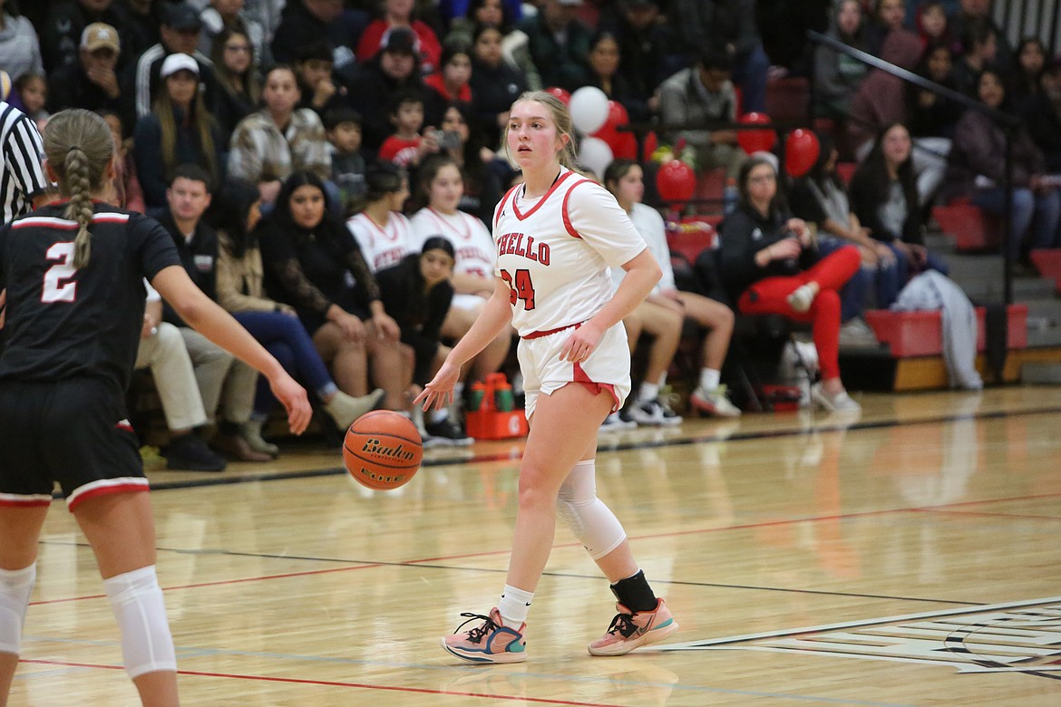 Othello junior Riley Farman (34) brings the ball up the floor against East Valley (Yakima).