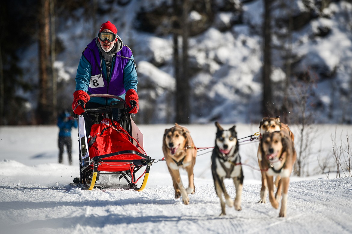 A musher leads his four-dog team through the course during the Flathead Classic Sled Dog Races at Dog Creek Lodge and Nordic Center in Olney on Saturday, Feb. 25. (Casey Kreider/Daily Inter Lake)