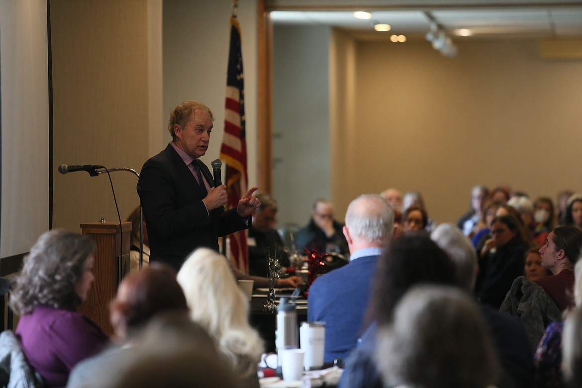 Professor, author and Constitutional scholar David Adler addresses the crowd Saturday during the Hijacking Democracy Symposium in Post Falls.