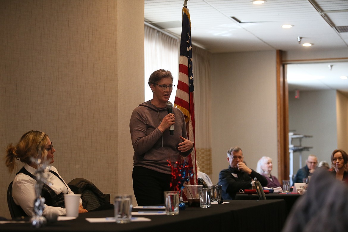 Sarah Lynch of the North Idaho Pride Alliance addresses attendees Saturday during the Hijacking Democracy Symposium in Post Falls.