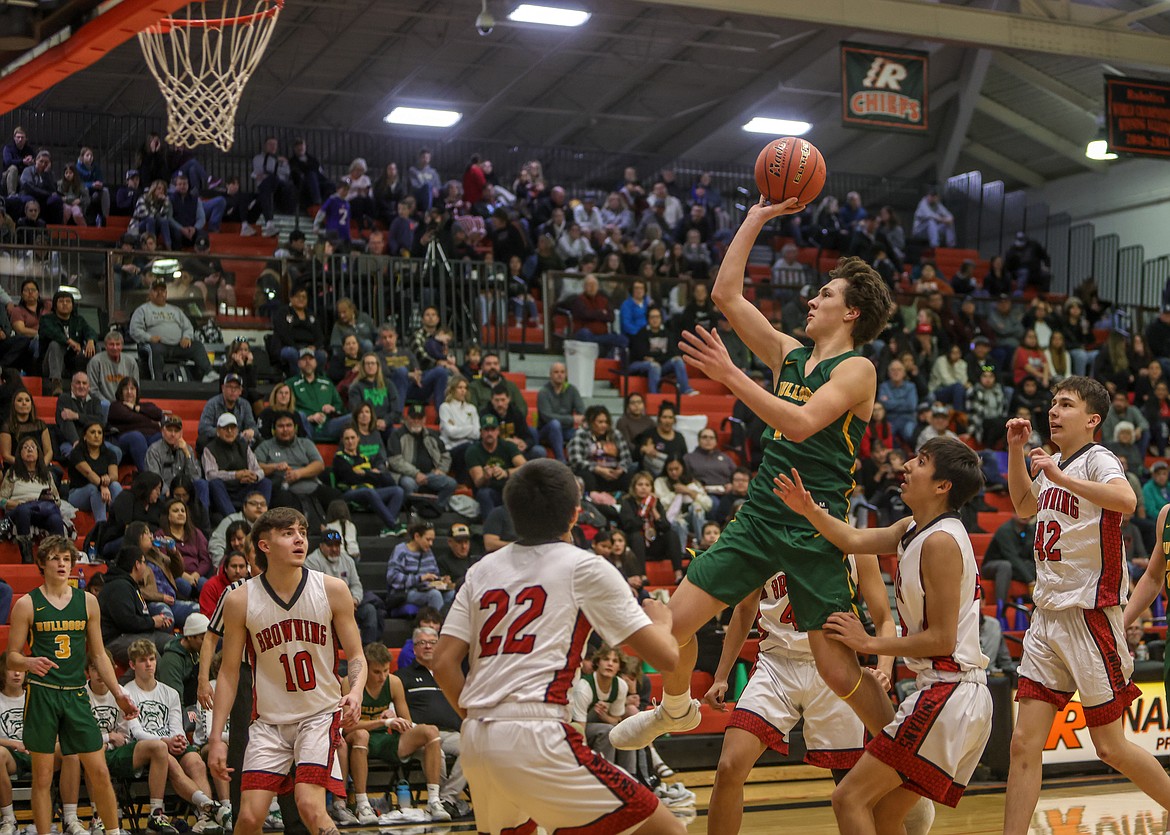 Junior Mason Kelch takes a shot on Friday against Browning in the Western A Divisional Tournament in  Ronan. (JP Edge photo)