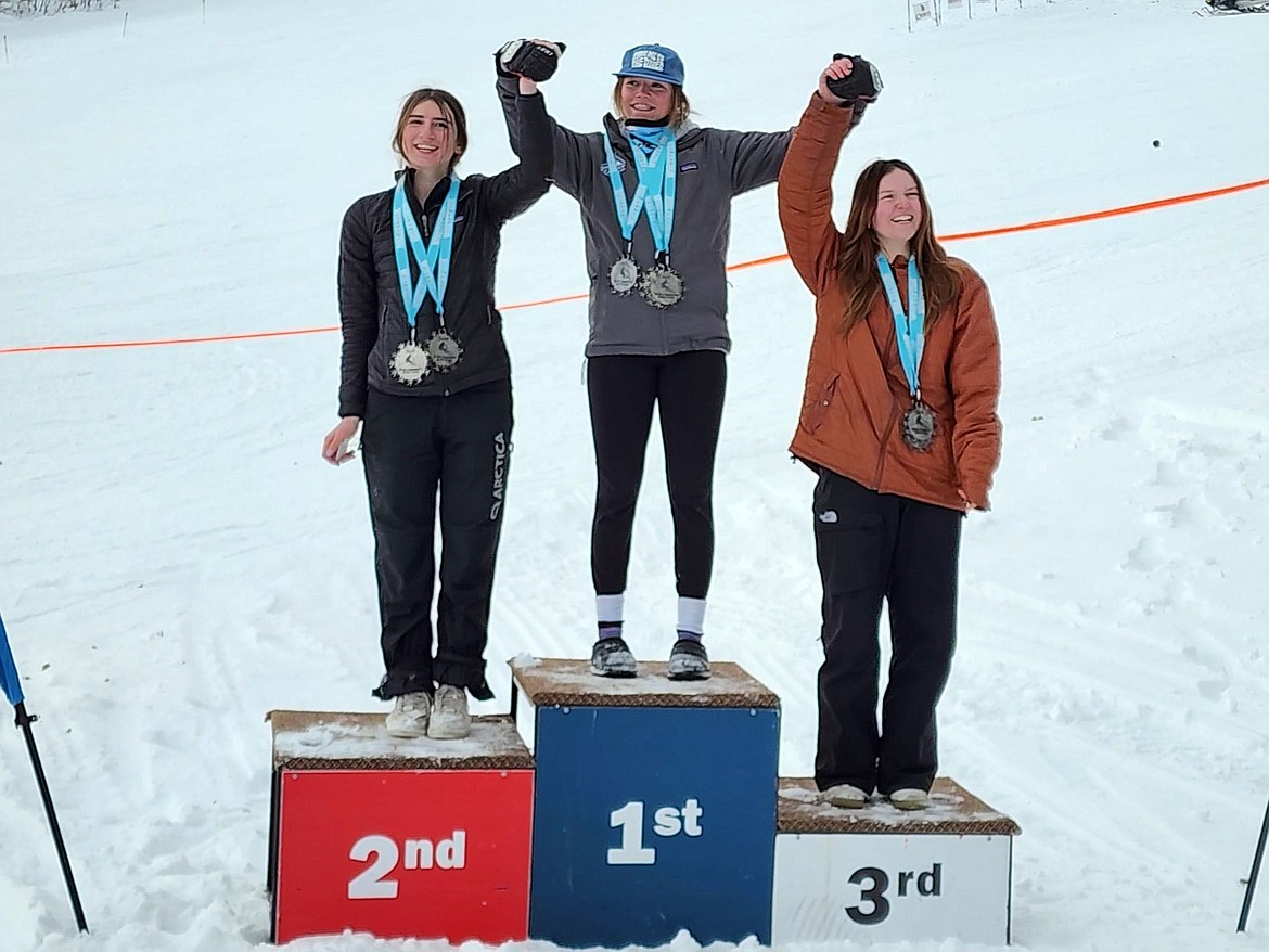 The Slalom podium with FVSEF athletes Kellie Klepper (Whitefish) in second and Melody McNalley (Columbia Falls) in third at the U.S. Ski and Snowboard Association alpine races at WMR on Sunday. (Provided photo)